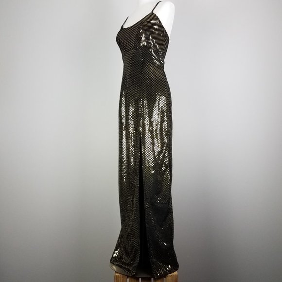 90's Vintage Velveteen Gold Confetti Sequin Evening Gown by J Reynolds Designs - Picture 3 of 11